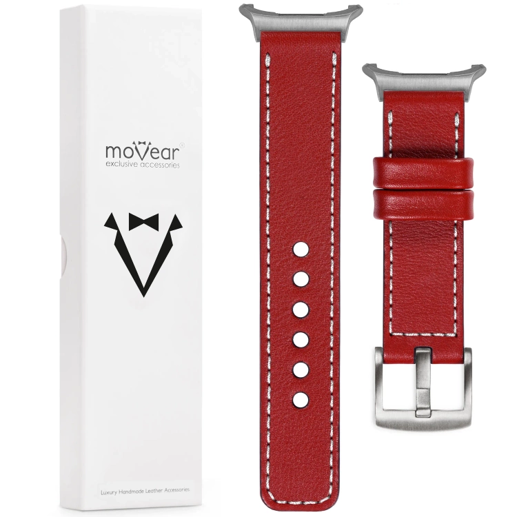 moVear Prestige C1 24mm Scharlachrot Lederarmband für Samsung Galaxy Watch Ultra | Scharlachrot Nähte [Größen XS-XXL und Schnalle zur Auswahl]
