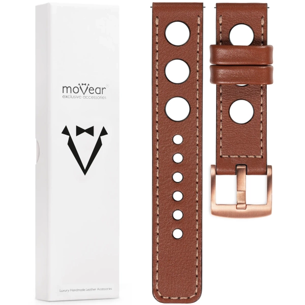 moVear Prestige R1 20mm Brown Leather strap for Samsung Galaxy Watch 7 / 6 / 5 / 4 / 3 & Pro / FE / Classic / Active | Brown stitching [sizes XS-XXL and buckle to choose from]