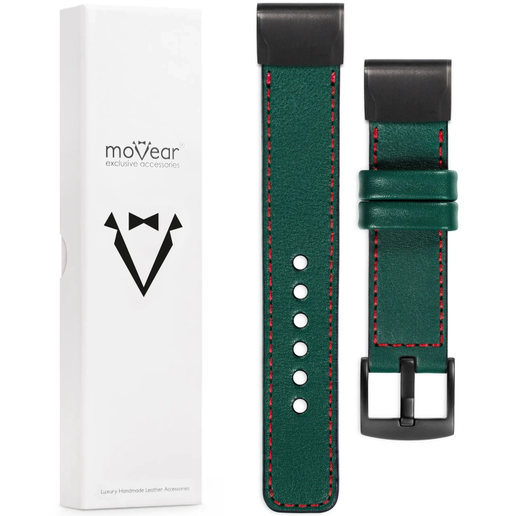 moVear Prestige C1 Leather strap for Garmin QuickFit 20mm (Fenix / Instinct - 43/42/40mm) Bottle green, Bottle green stitching [sizes XS-XXL and buckle to choose from]