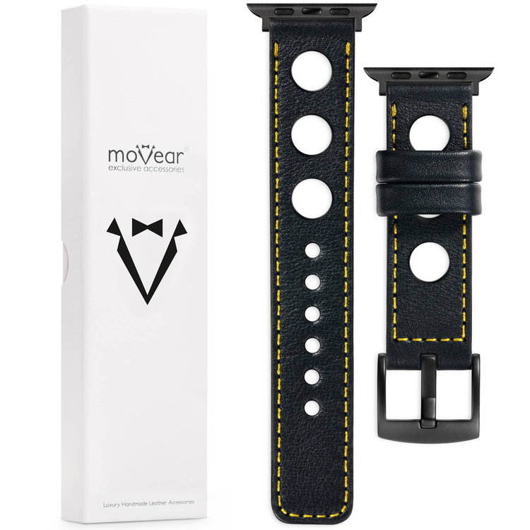 moVear Prestige R1 20mm Schwarz Lederarmband für Apple Watch 8 / 7 / 6 / 5 / 4 / SE (41/40mm) | Schwarz Nähte [Größe und Schnalle zur Auswahl]