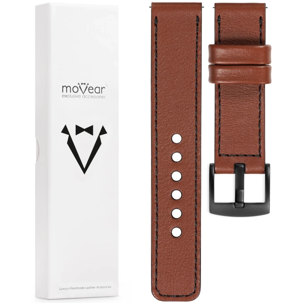 moVear Prestige C1 22mm Brown Leather strap for Samsung Galaxy Watch 3 (45mm) / Watch (46mm) / Gear S3 | Brown stitching [sizes XS-XXL and buckle to choose from]