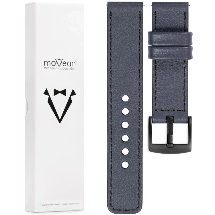moVear Prestige C1 20mm Steel gray Leather strap for Samsung Galaxy Watch 7 / 6 / 5 / 4 / 3 & Pro / FE / Classic / Active | Steel gray stitching [sizes XS-XXL and buckle to choose from]