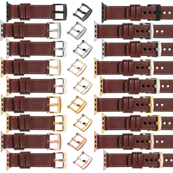 moVear Prestige C1 24mm Rotbraun Lederarmband für Apple Watch 10 / 9 / 8 / 7 / 6 / 5 / 4 / SE (46/45/44mm) & Ultra (49mm) | Rotbraun Nähte [Größen XS-XXL und Schnalle zur Auswahl]