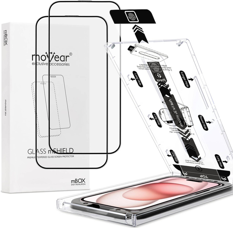 2 pcs. | moVear mBOX GLASS mSHIELD 2.5D MAX MATT for Apple iPhone 16 / 15 (6,1") (case friendly, Anti-reflective, with Applicator)