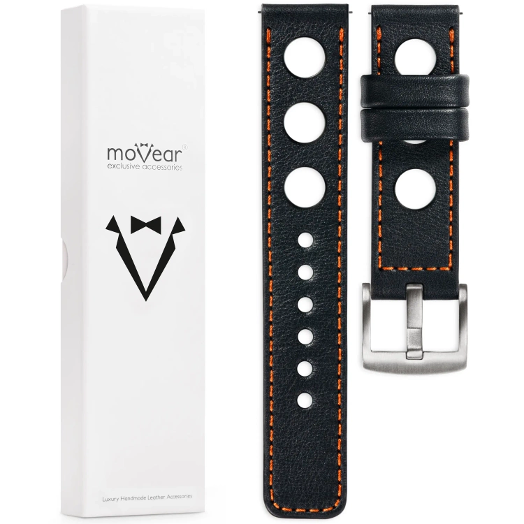 moVear Prestige R1 22mm Uhrenarmband aus Leder | Schwarz, Schwarz Nähte [Größen XS-XXL und Schnalle zur Auswahl]