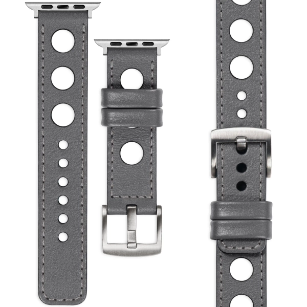 moVear Prestige R1 24mm Gray Leather strap for Apple Watch 10 / 9 / 8 / 7 / 6 / 5 / 4 / SE (46/45/44mm) & Ultra (49mm) | Gray stitching [sizes XS-XXL and buckle to choose from]