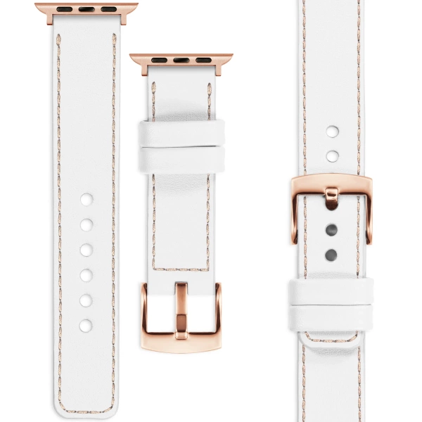 moVear Prestige C1 20mm White Leather strap for Apple Watch 10 / 9 / 8 / 7 / 6 / 5 / 4 / SE (42/41/40mm) | White stitching [sizes XS-XXL and buckle to choose from]