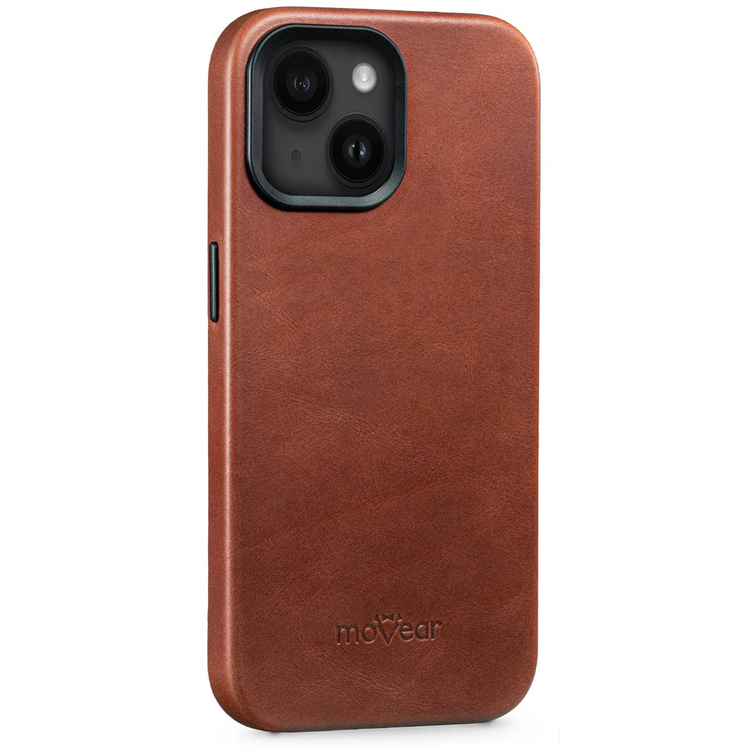 moVear [PRODUCT_MODEL] Leather back cover for Apple iPhone 14 (6,1") | MagSafe compatible, Natural oiled leather (Auburn brown)