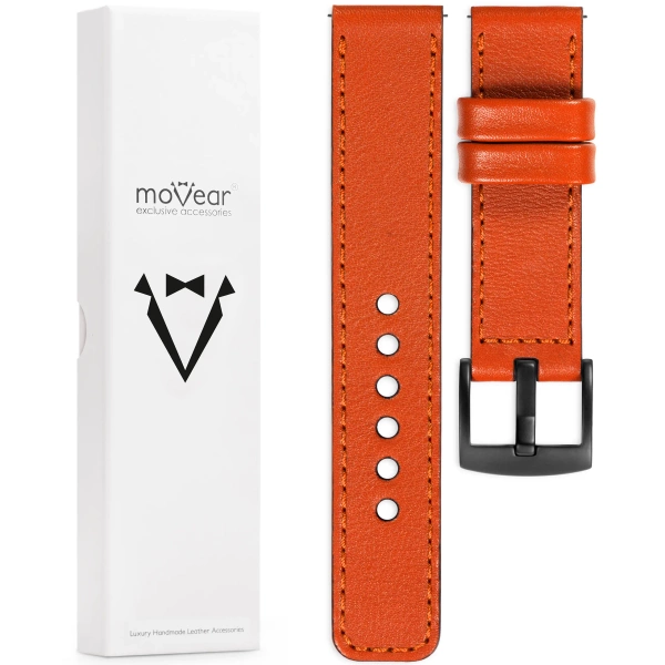 moVear Prestige C1 20mm Orange Leather strap for Garmin Vivoactive 5/3, Vivomove 3, Venu 2 | Orange stitching [sizes XS-XXL and buckle to choose from]