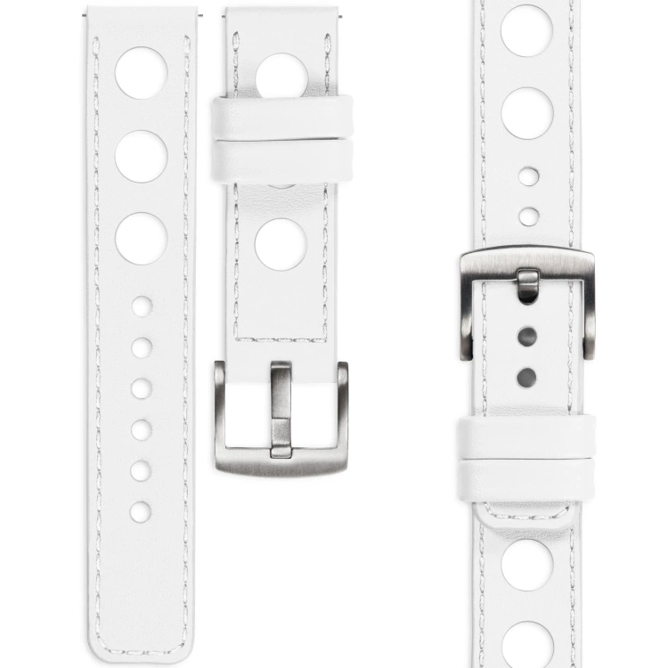 moVear Prestige R1 20mm White Leather strap for Samsung Galaxy Watch 7 / 6 / 5 / 4 / 3 & Pro / FE / Classic / Active | White stitching [sizes XS-XXL and buckle to choose from]