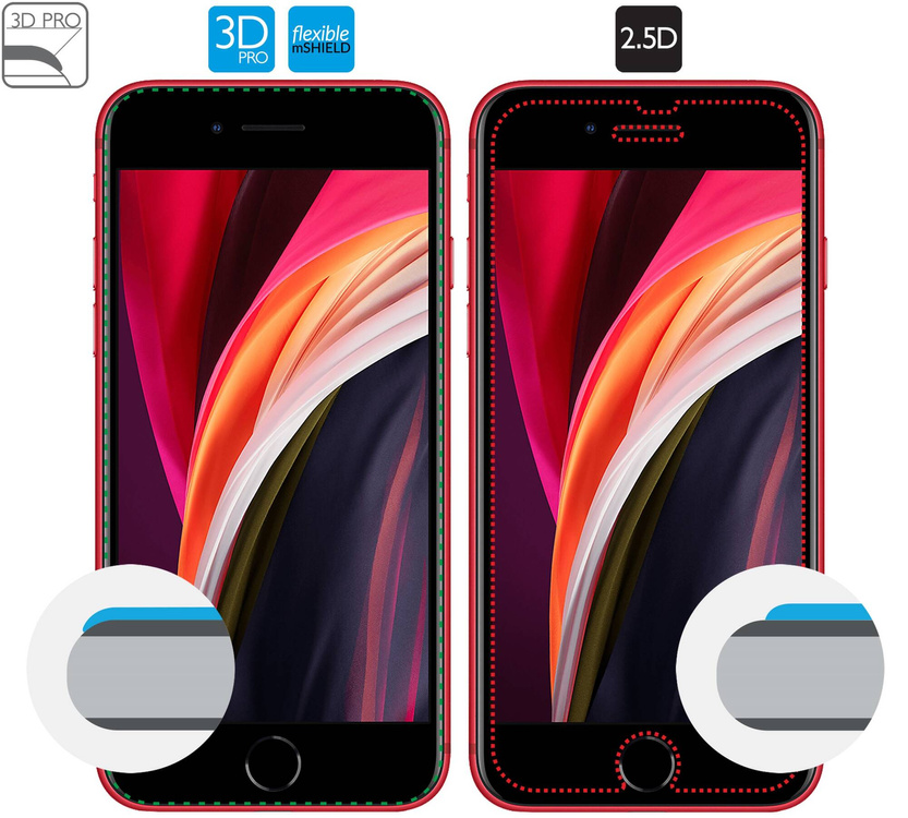 moVear flexible mSHIELD 3D PRO for Apple iPhone SE (2022 / 2020) / 8 / 7 (4.7"). Armored hybrid glass.