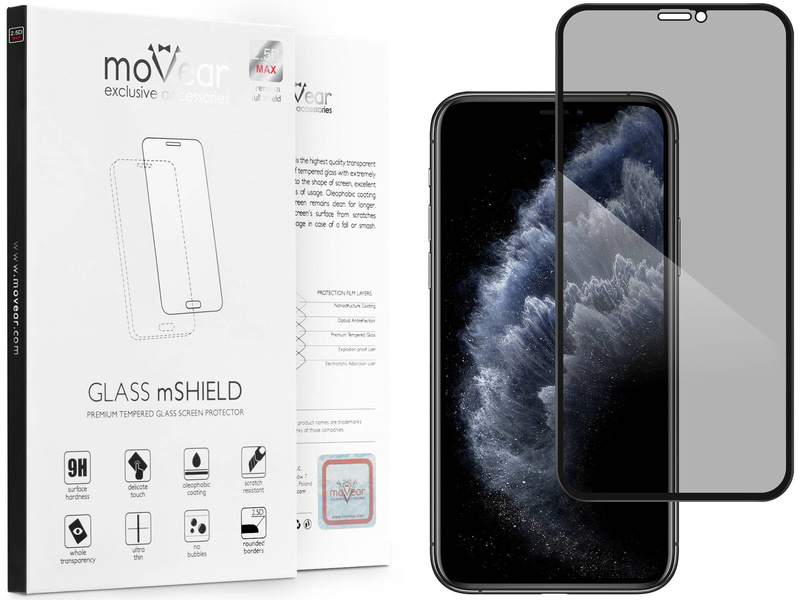 moVear GLASS mSHIELD 2.5D MAX privacy für Apple iPhone 11 Pro / Xs / X (5.8") | (Privatisierung, Handyhülle freundlich)