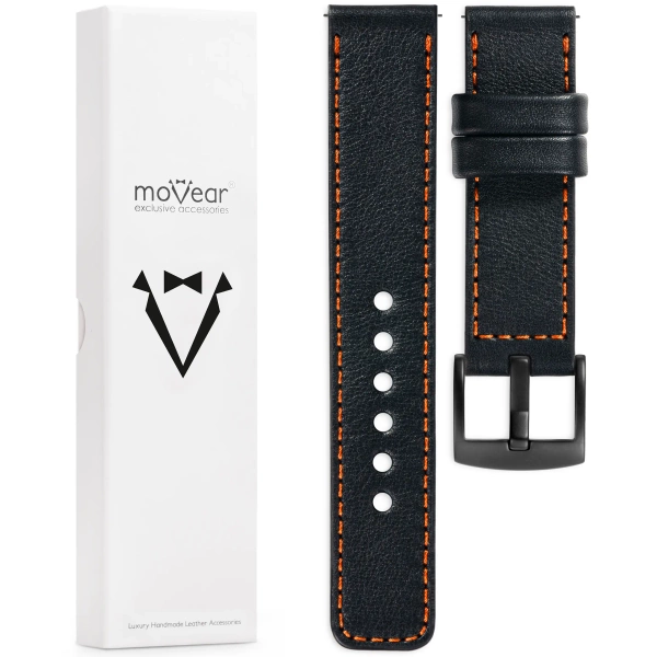 moVear Prestige C1 18mm leather watch strap | Black, Black stitching [sizes XS-XXL and buckle to choose from]