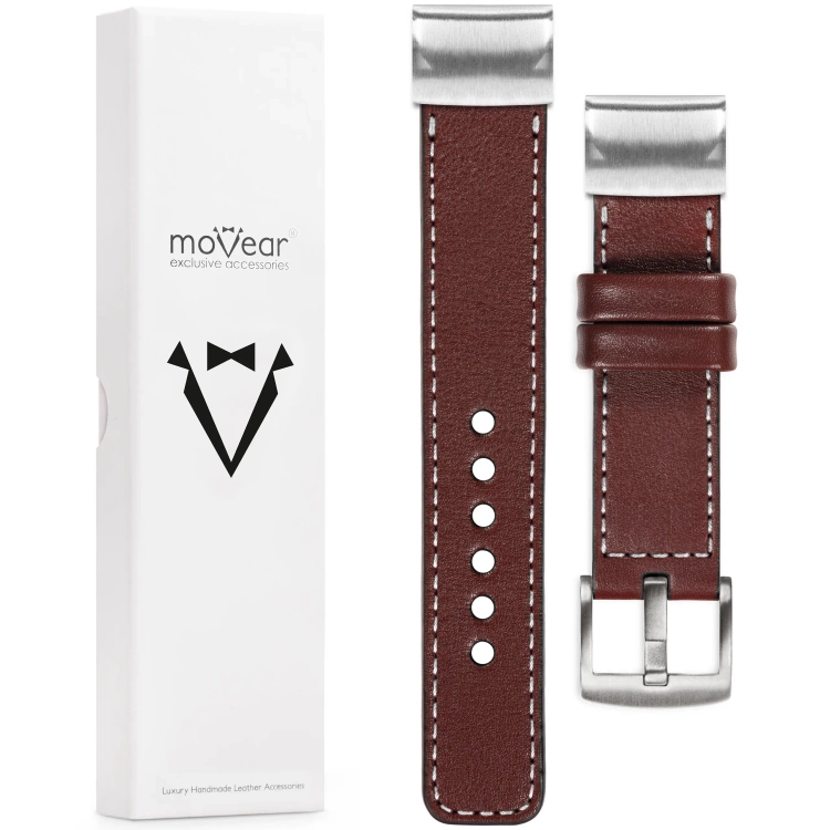 moVear Prestige C1 Lederarmband für Garmin QuickFit 26mm (Fenix / Epix / Quatix / Tactix / Enduro - 51mm) Rotbraun, Rotbraun Nähte [Größen XS-XXL und Schnalle zur Auswahl]