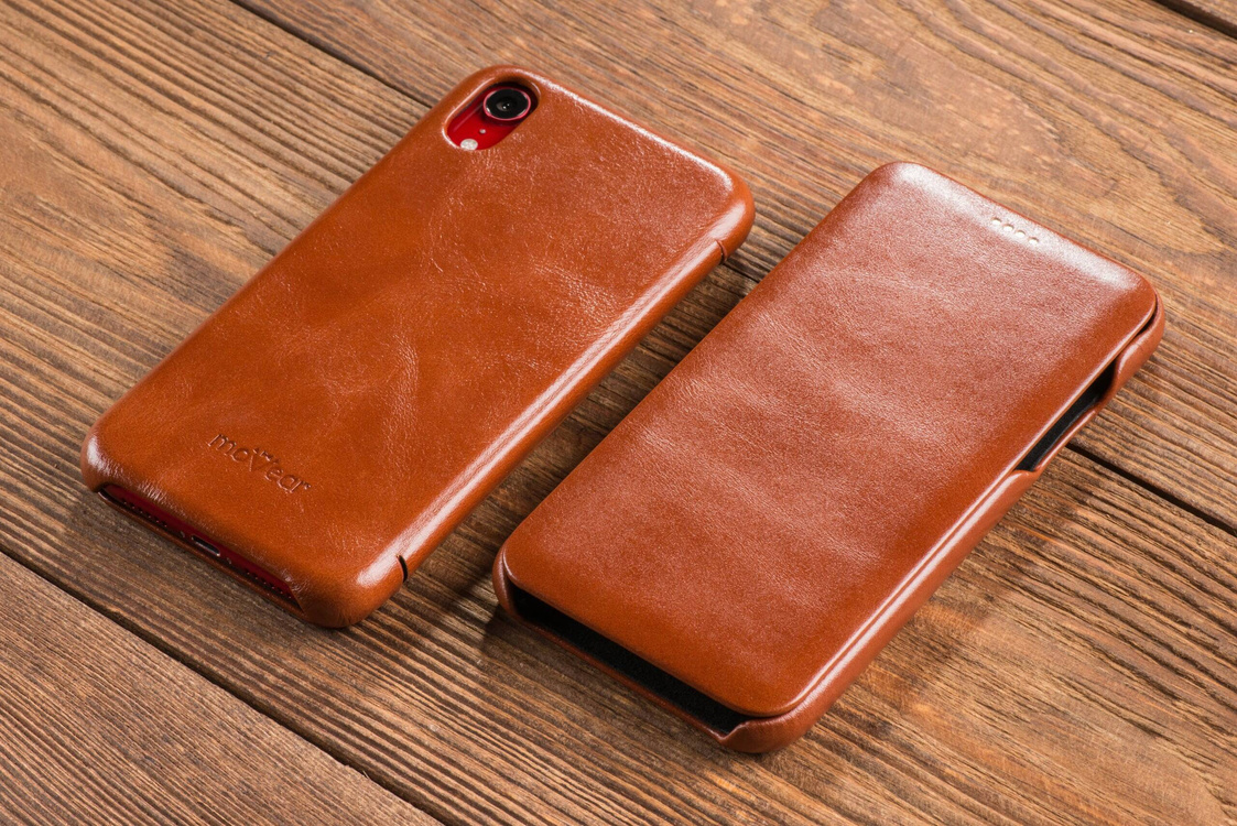 moVear flipSide S Ledertasche für Apple iPhone Xr (6.1") | Glatte Leder, Handy Hülle book type (Braun)