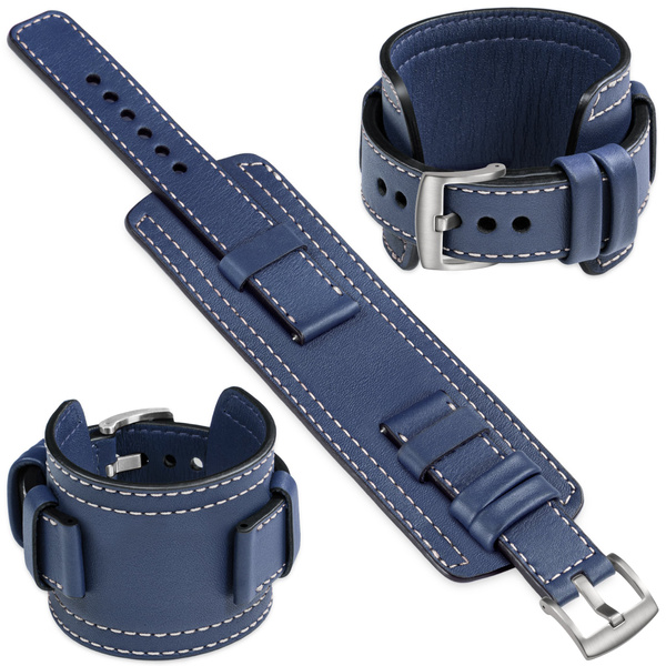 moVear Prestige CW1 22mm Wide leather watch strap with pad for Samsung Galaxy Watch 3 (45mm) / Watch (46mm) / Gear S3 | Navy blue, Navy blue stitching [sizes XS-XXL and buckle to choose from]