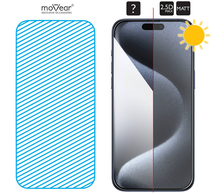 moVear mBOX GLASS mSHIELD 2.5D MAX MATT für Apple iPhone 15 Pro Max (6.7") (Handyhülle freundlich, Antireflex, mit Applikator)