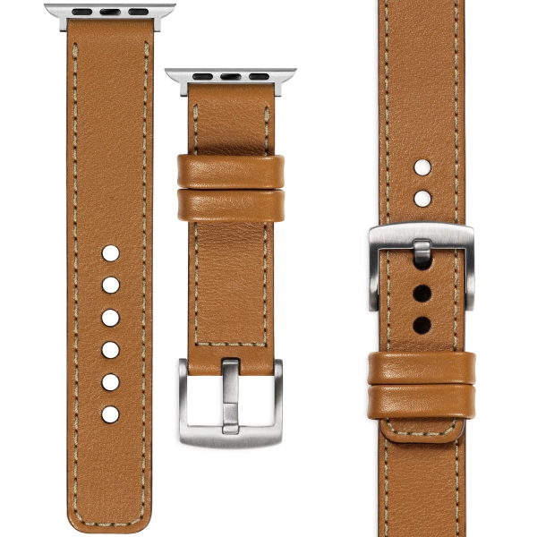 moVear Prestige C1 24mm Light brown Leather strap for Apple Watch 10 / 9 / 8 / 7 / 6 / 5 / 4 / SE (46/45/44mm) & Ultra (49mm) | Light brown stitching [sizes XS-XXL and buckle to choose from]