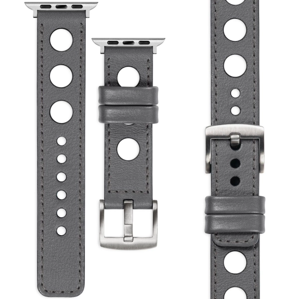 moVear Prestige R1 22mm Gray Leather strap for Apple Watch 10 / 9 / 8 / 7 / 6 / 5 / 4 / SE (46/45/44mm) & Ultra (49mm) | Gray stitching [sizes XS-XXL and buckle to choose from]