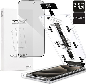 moVear mBOX GLASS mSHIELD 2.5D MAX privacy for Apple iPhone 15 Pro (6.1") (Anti spy, with Applicator)