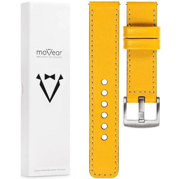 moVear Prestige C1 20mm Yellow Leather strap for Samsung Galaxy Watch 7 / 6 / 5 / 4 / 3 & Pro / FE / Classic / Active | Yellow stitching [sizes XS-XXL and buckle to choose from]