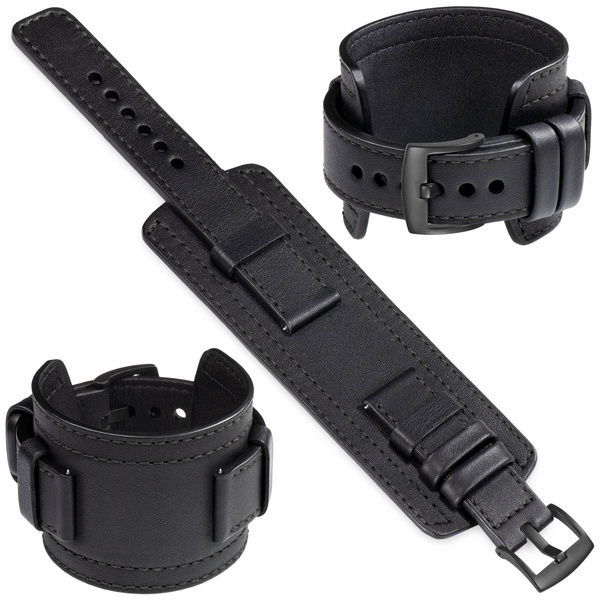 moVear Prestige CW1 20mm Wide leather watch strap with pad for Huawei Watch GT 3 2 1 / Pro (43/42mm) | Black, Black stitching [sizes XS-XXL and buckle to choose from]