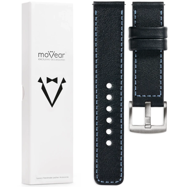 moVear Prestige C1 20mm Uhrenarmband aus Leder | Schwarz, Schwarz Nähte [Größen XS-XXL und Schnalle zur Auswahl]