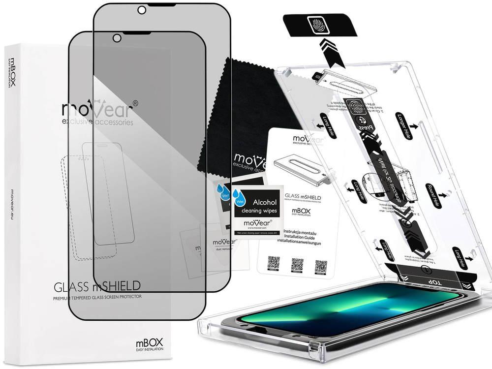 2 pcs. | moVear mBOX GLASS mSHIELD 2.5D MAX privacy for Apple iPhone 16e / 14 / 13 / 13 Pro (6.1") (Anti spy, with Applicator)