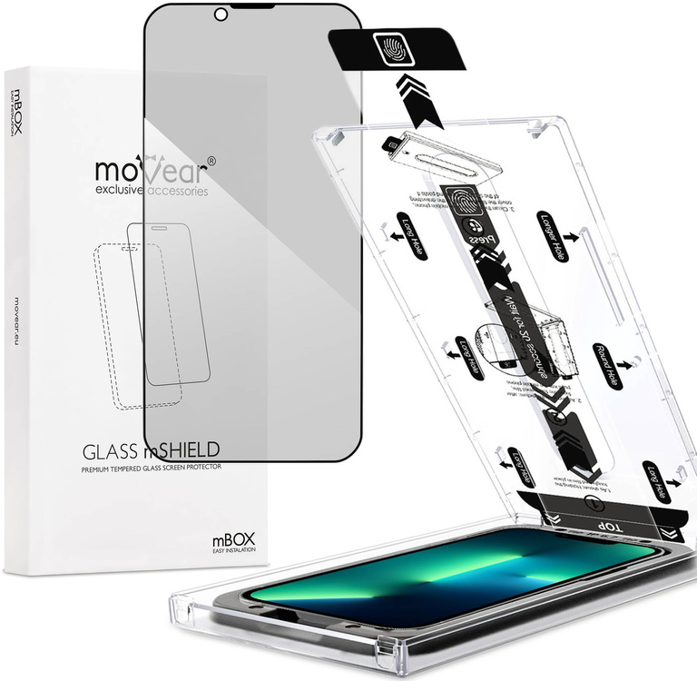 moVear mBOX GLASS mSHIELD 2.5D MAX privacy for Apple iPhone 16e / 14 / 13 / 13 Pro (6.1") (Anti spy, with Applicator)