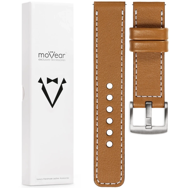 moVear Prestige C1 22mm Light brown Leather strap for Samsung Galaxy Watch 3 (45mm) / Watch (46mm) / Gear S3 | Light brown stitching [sizes XS-XXL and buckle to choose from]