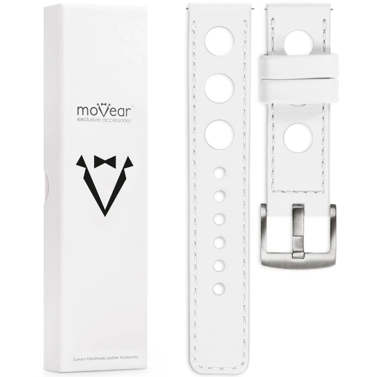 moVear Prestige R1 20mm White Leather strap for Samsung Galaxy Watch 7 / 6 / 5 / 4 / 3 & Pro / FE / Classic / Active | White stitching [sizes XS-XXL and buckle to choose from]