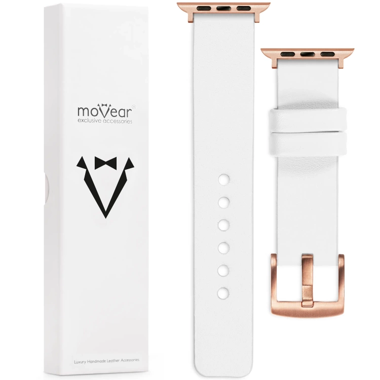 moVear Prestige S1 22mm Lederarmband für Apple Watch 10 / 9 / 8 / 7 / 6 / 5 / 4 / SE (42/41/40mm) Weiß [Adapter und Schnalle zur Auswahl]