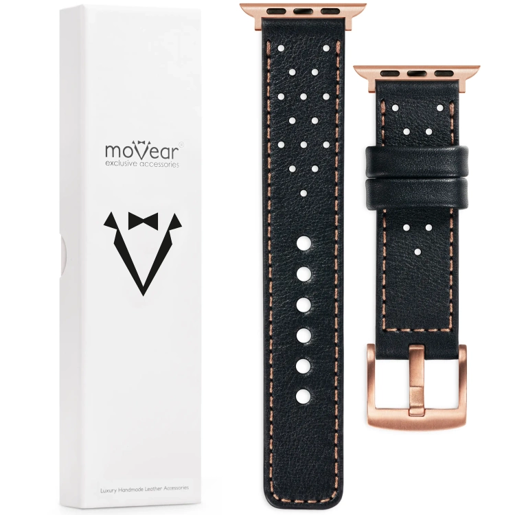 moVear Prestige R2 20mm Schwarz Lederarmband für Apple Watch 10 / 9 / 8 / 7 / 6 / 5 / 4 / SE (42/41/40mm) | Schwarz Nähte [Größen XS-XXL und Schnalle zur Auswahl]
