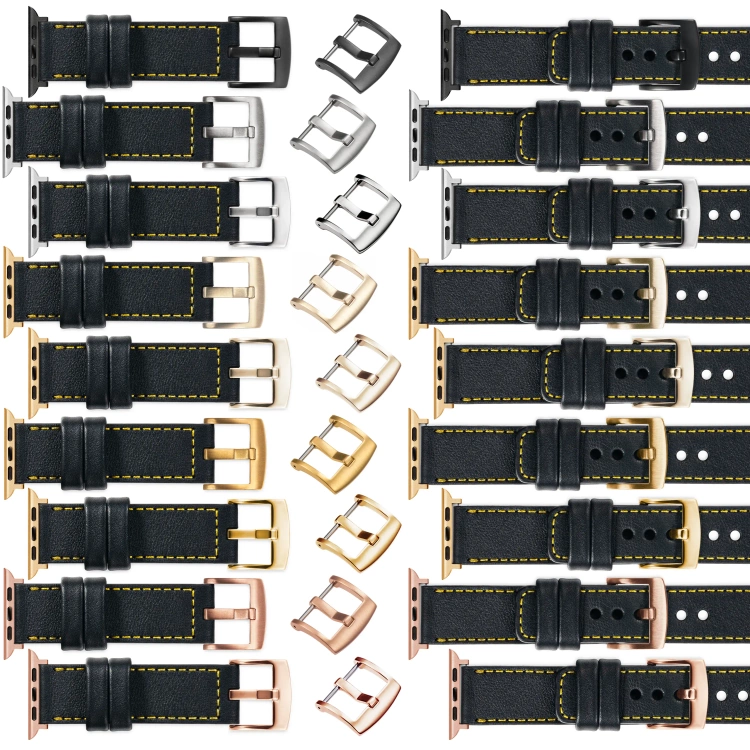 moVear Prestige C1 24mm Schwarz Lederarmband für Apple Watch 10 / 9 / 8 / 7 / 6 / 5 / 4 / SE (46/45/44mm) & Ultra (49mm) | Schwarz Nähte [Größen XS-XXL und Schnalle zur Auswahl]