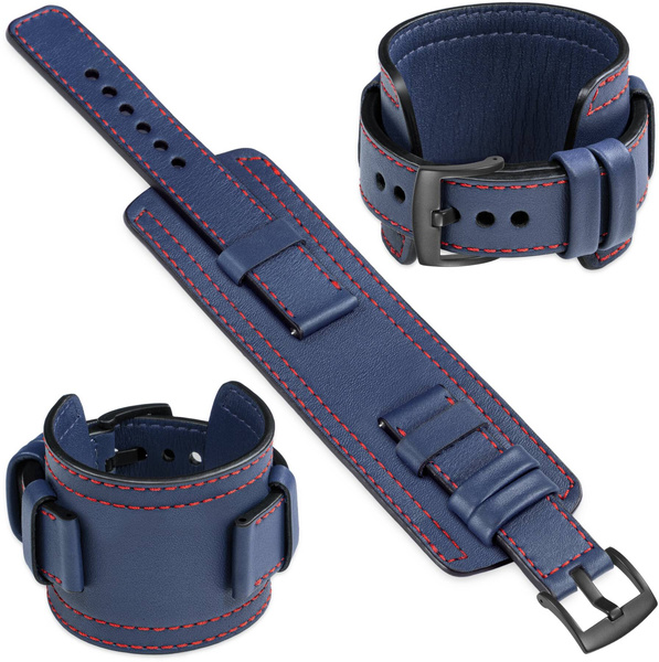 moVear Prestige CW1 20mm Breites Lederarmband mit Polster für Samsung Galaxy Watch 7 / 6 / 5 / 4 / 3 & Pro / FE / Classic / Active | Navy blau, Navy blau Nähte [Größen XS-XXL und Schnalle zur Auswahl]