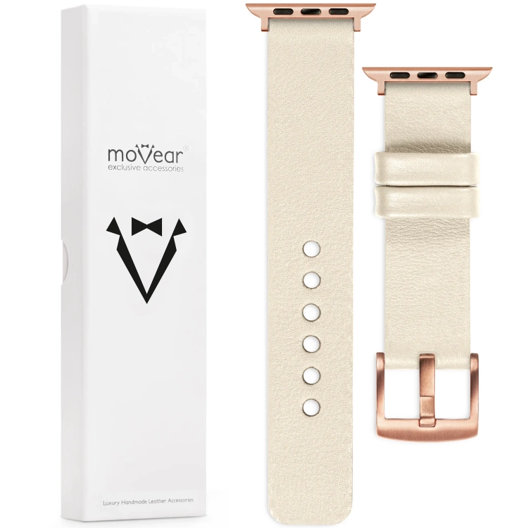 moVear Prestige S1 20mm Lederarmband für Apple Watch 10 / 9 / 8 / 7 / 6 / 5 / 4 / SE (42/41/40mm) Nude [Adapter und Schnalle zur Auswahl]