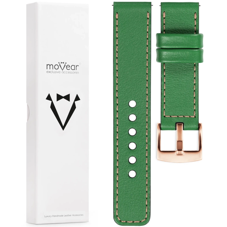 moVear Prestige C1 18mm leather watch strap | Green, Green stitching [sizes XS-XXL and buckle to choose from]