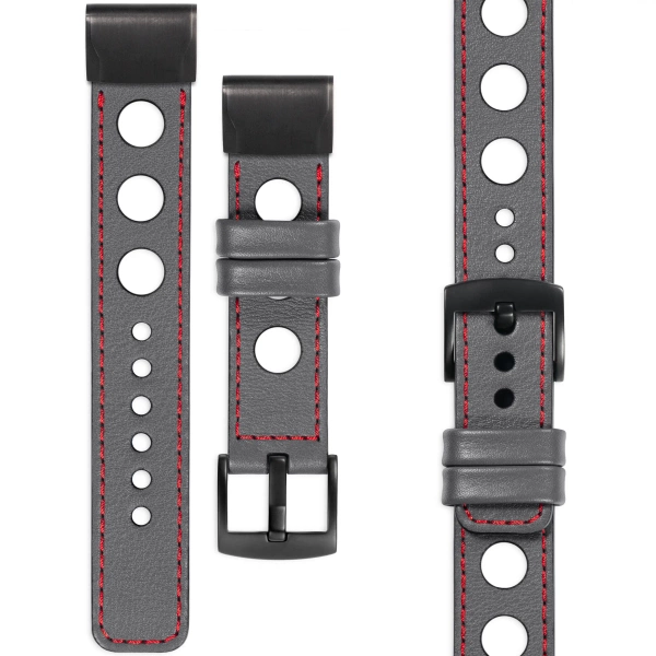 moVear Prestige R1 Lederarmband für Garmin QuickFit 22mm (Fenix / Forerunner / Epix / Instinct / Enduro / Quatix / MARQ - 47/45mm) Grau, Grau Nähte [Größen XS-XXL und Schnalle zur Auswahl]