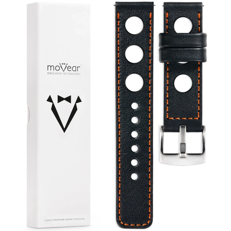 moVear Prestige R1 20mm Uhrenarmband aus Leder | Schwarz, Schwarz Nähte [Größen XS-XXL und Schnalle zur Auswahl]