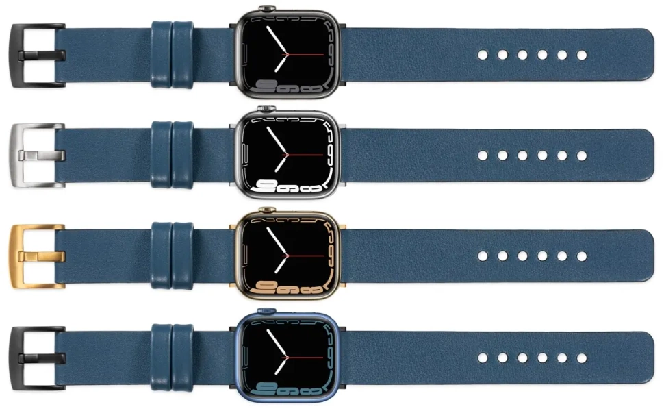 moVear Prestige S1 22mm Lederarmband für Apple Watch 10 / 9 / 8 / 7 / 6 / 5 / 4 / SE (42/41/40mm) Blaue Jeans [Adapter und Schnalle zur Auswahl]