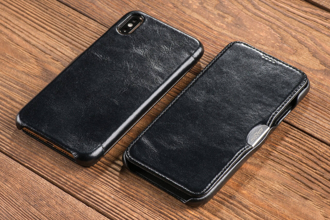 moVear flipSide C Leder Handyhülle für Apple iPhone Xs MAX (6.5") | Vintage Leder (Schwarz)