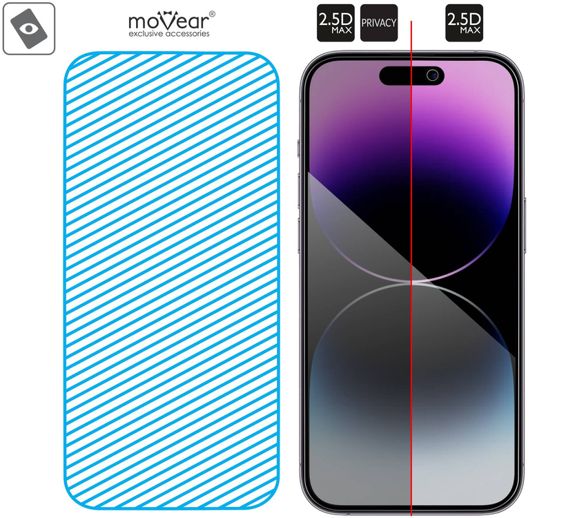moVear GLASS mSHIELD 2.5D MAX privacy für Apple iPhone 14 Pro Max (6.7") | (Privatisierung, Handyhülle freundlich)