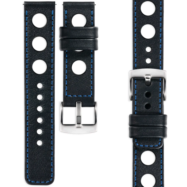 moVear Prestige R1 24mm leather watch strap | Black, Black stitching [sizes XS-XXL and buckle to choose from]