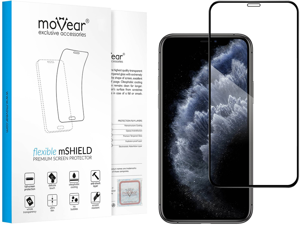 moVear flexible mSHIELD 3D PRO for Apple iPhone 11 Pro / Xs / X (5.8"). Armored hybrid glass.