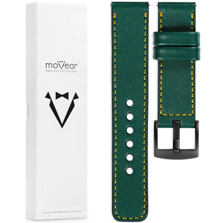 moVear Prestige C1 24mm Uhrenarmband aus Leder | Flaschengrün, Flaschengrün Nähte [Größen XS-XXL und Schnalle zur Auswahl]