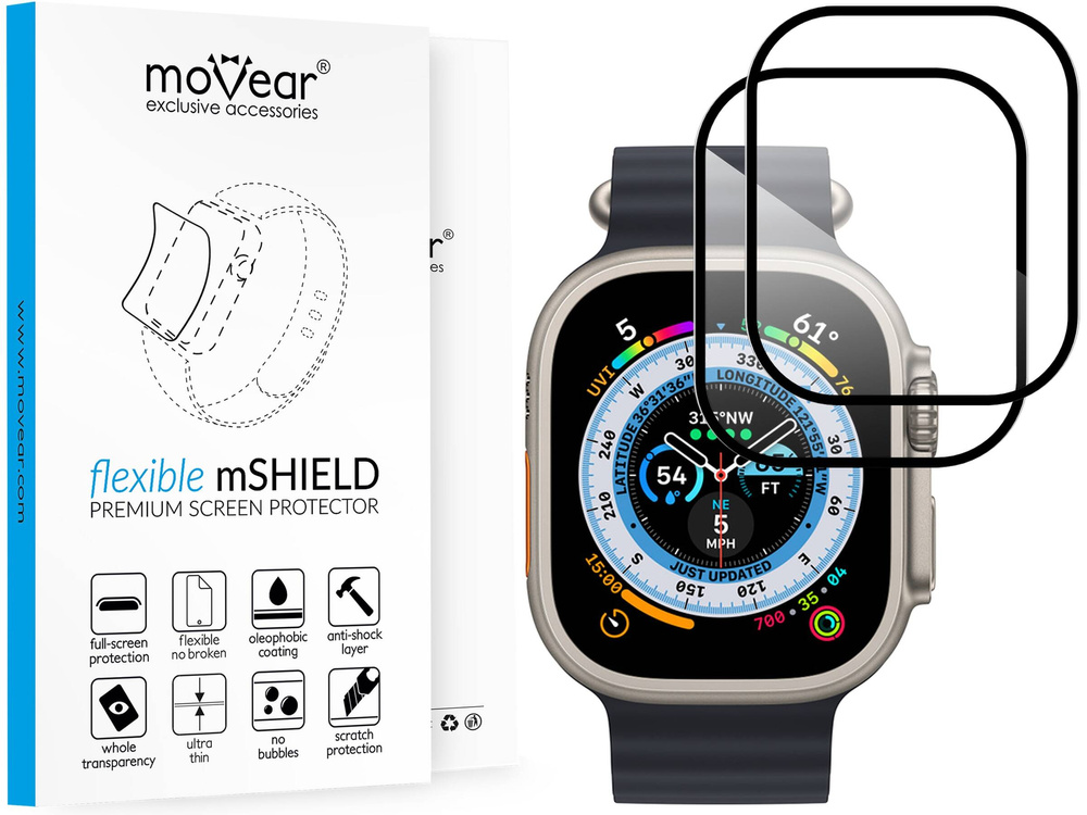 2 pcs. | moVear flexible mSHIELD 2D for Apple Watch Ultra (49mm) (1.92"). Armored hybrid glass.