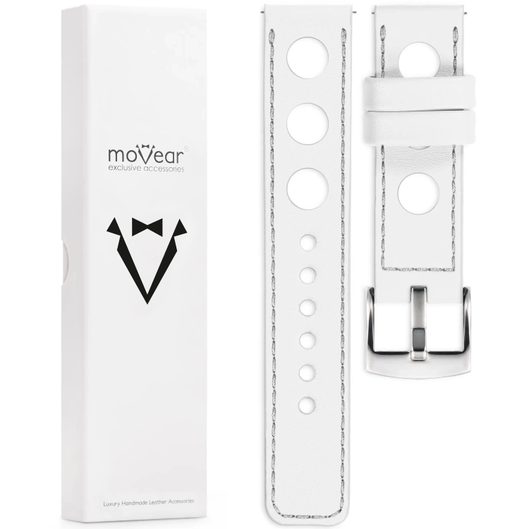 moVear Prestige R1 24mm Uhrenarmband aus Leder | Weiß, Weiß Nähte [Größen XS-XXL und Schnalle zur Auswahl]