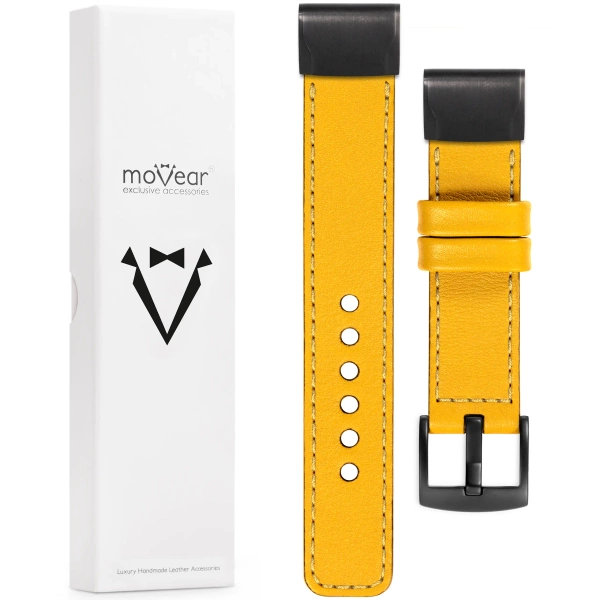 moVear Prestige C1 Leather strap for Garmin QuickFit 26mm (Fenix / Epix / Quatix / Tactix / Enduro - 51mm) Yellow, Yellow stitching [sizes XS-XXL and buckle to choose from]