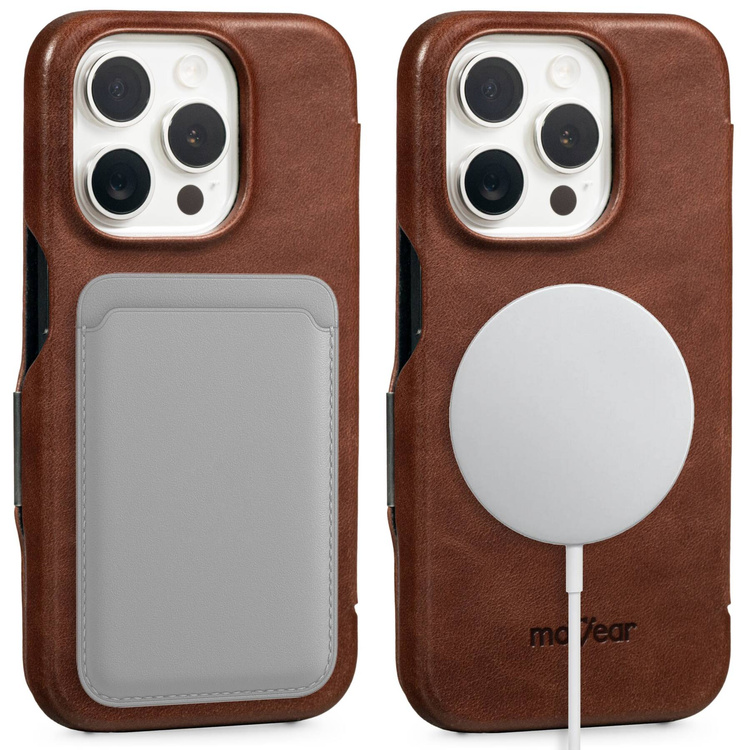 moVear flipSide 4C Leder Handyhülle für Apple iPhone 15 Pro (6.1") | Naturgeöltes Leder (Dunkelbraun)