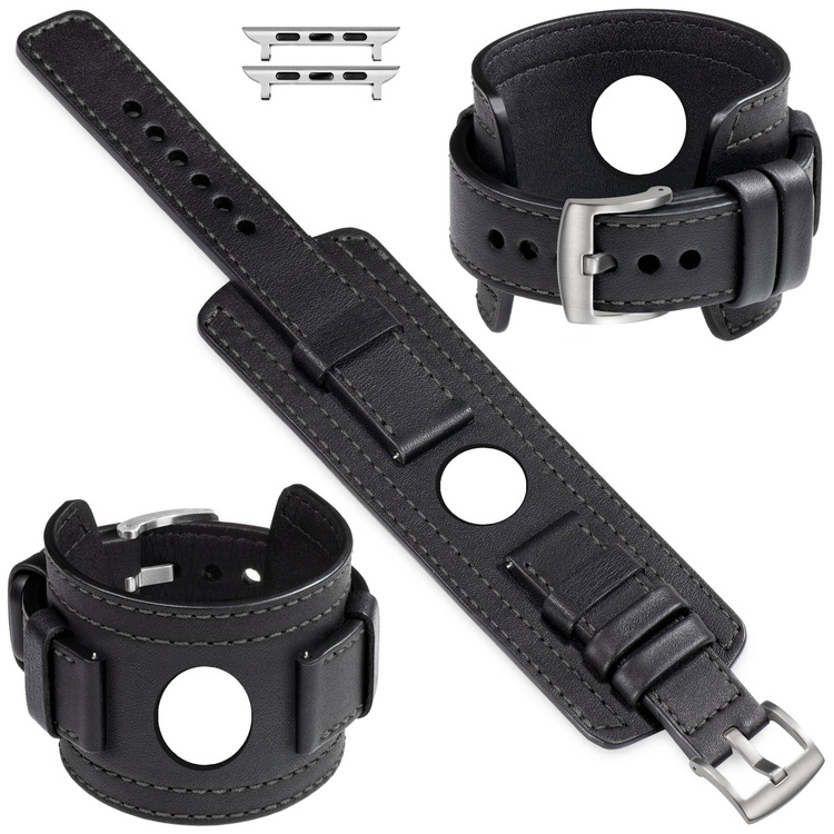 moVear Prestige CW1 22mm Breites Lederarmband mit Polster für Apple Watch 10 / 9 / 8 / 7 / 6 / 5 / 4 / SE (46/45/44mm) & Ultra (49mm) | Schwarz, Schwarz Nähte [Größen XS-XXL und Schnalle zur Auswahl]